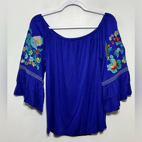 Altar’d State Boho Embroidered Floral Bell Sleeve Off The Shoulder Blouse - Picture 7 of 14